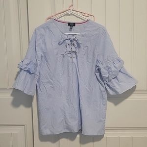 Jones New York brand, blue & white striped shirt w/ ruffly sleeves